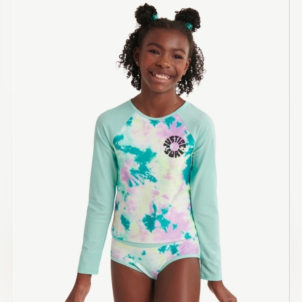 Justice Longsleeve Rashguard Swimsuit Set Girl's Size Medium 10 2 Piece
